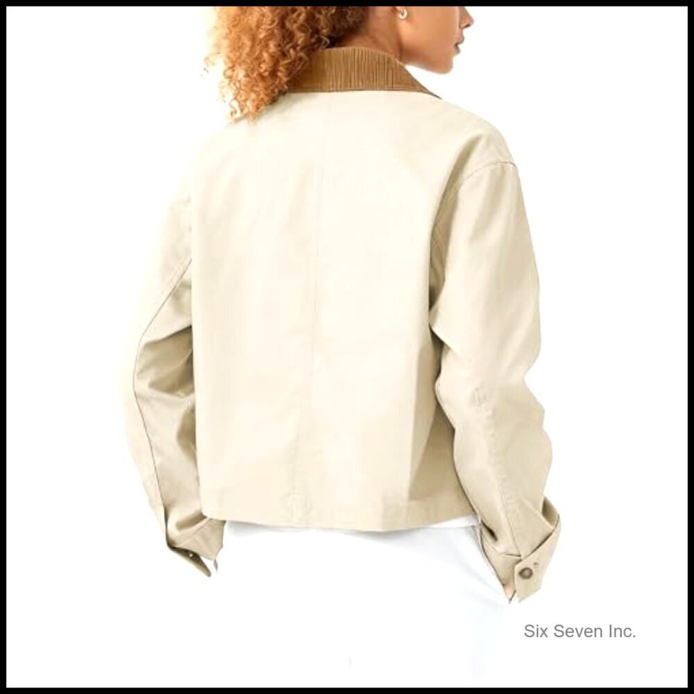 Cropped Bomber Jacket Corduroy Collar Lightweight Utility Zip Up Workwear Chic - Picture 4 of 7
